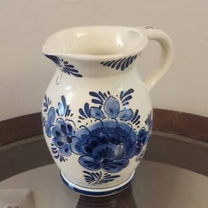 Antique Delft Holland Hand Painted Floral Blue and White 6.5" Water Pitcher